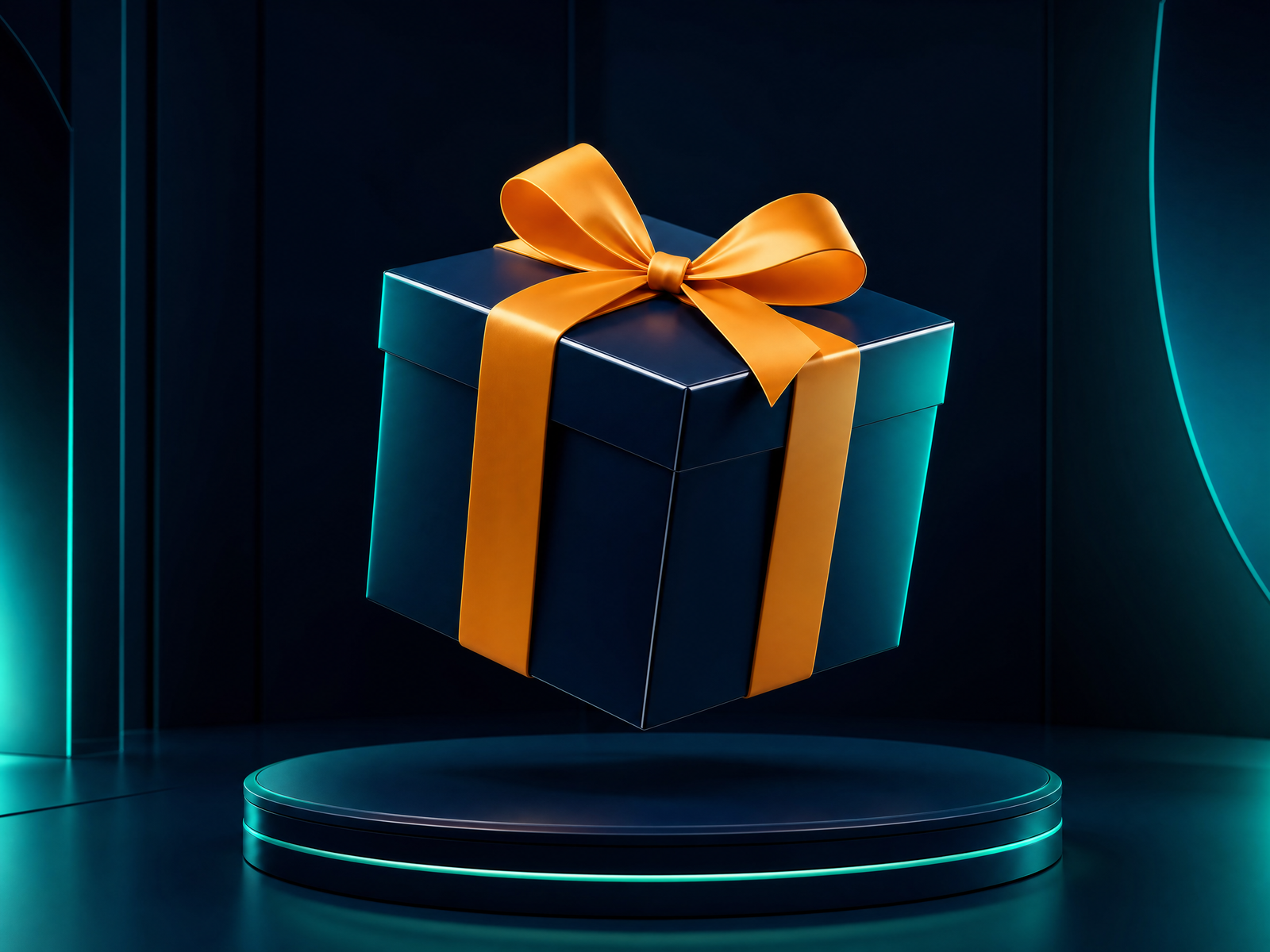 Oversized glossy gift box with a crisp ribbon on a pedestal, representing the Kinghills welcome bonus