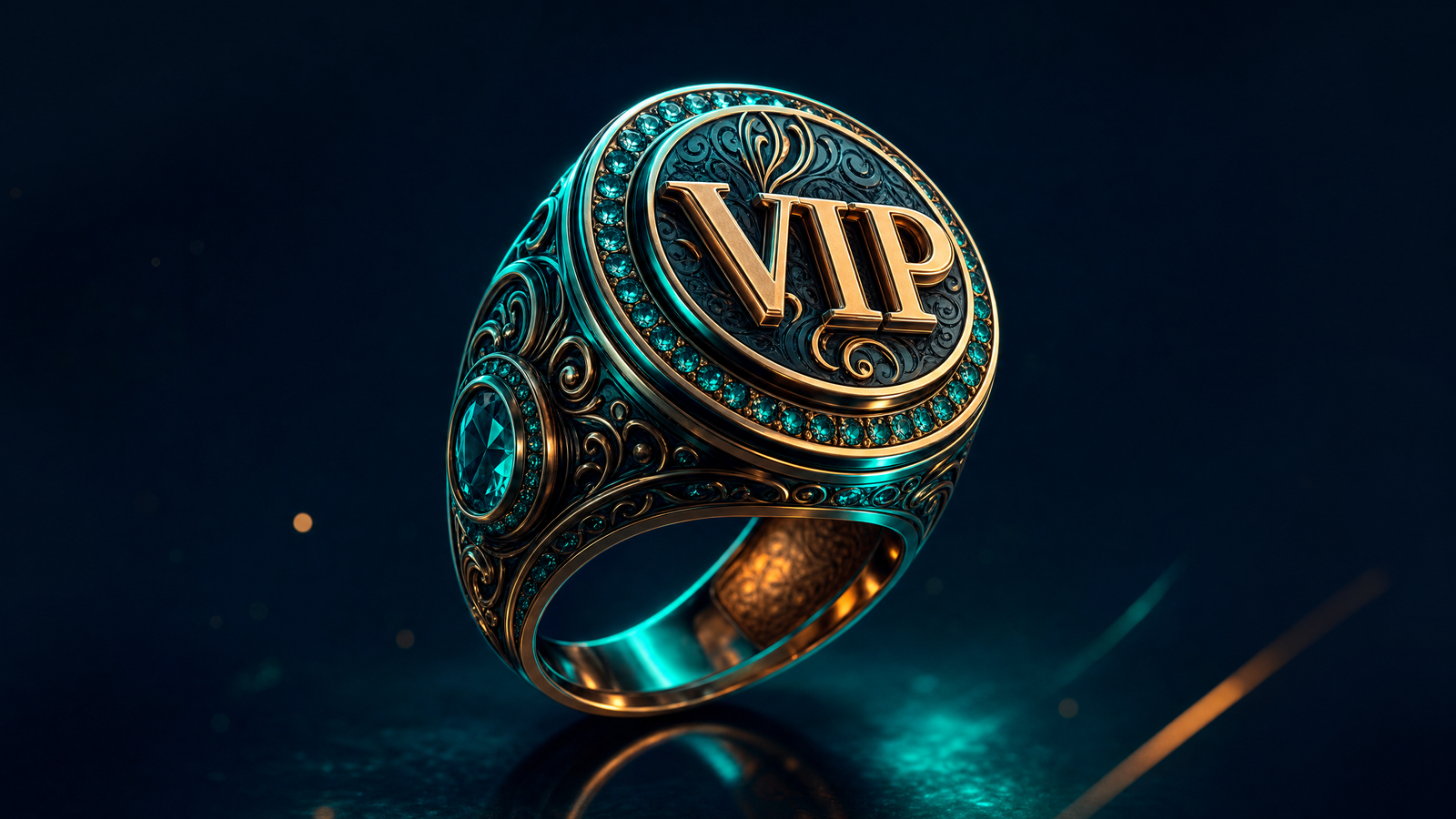 Glossy 3D ornate VIP ring with gems representing the Kinghills VIP programme