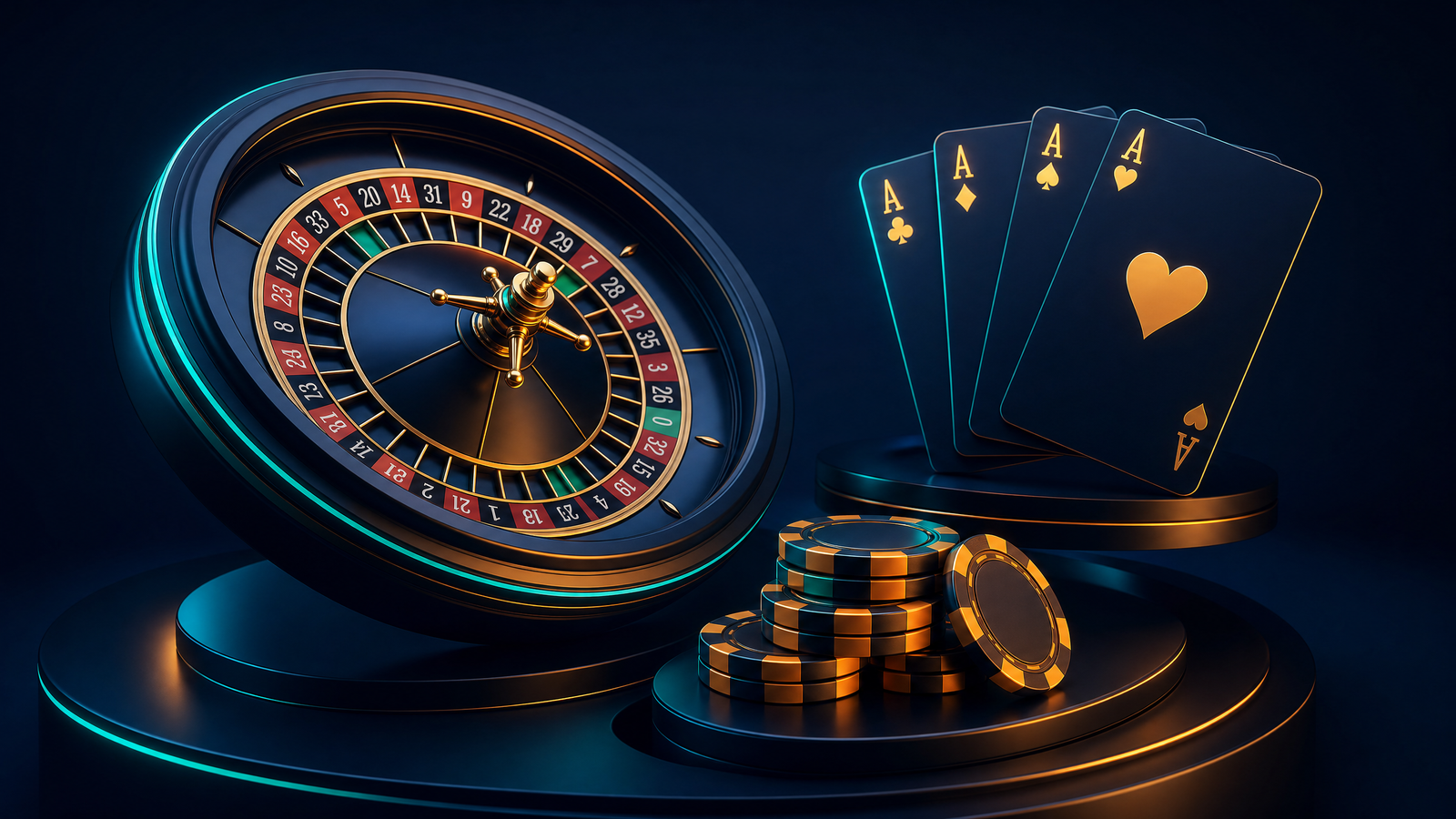 Stylised 3D roulette wheel, card fan and chip stack on floating tiers