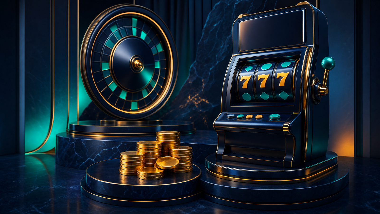 Stylised 3D slot reels, cabinet and coins arranged across floating tiers