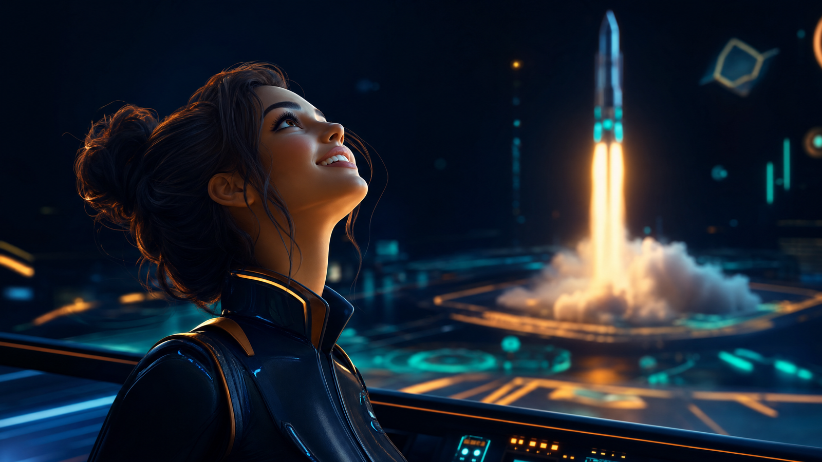 Stylised 3D woman watching a rocket launch in a crash game scene