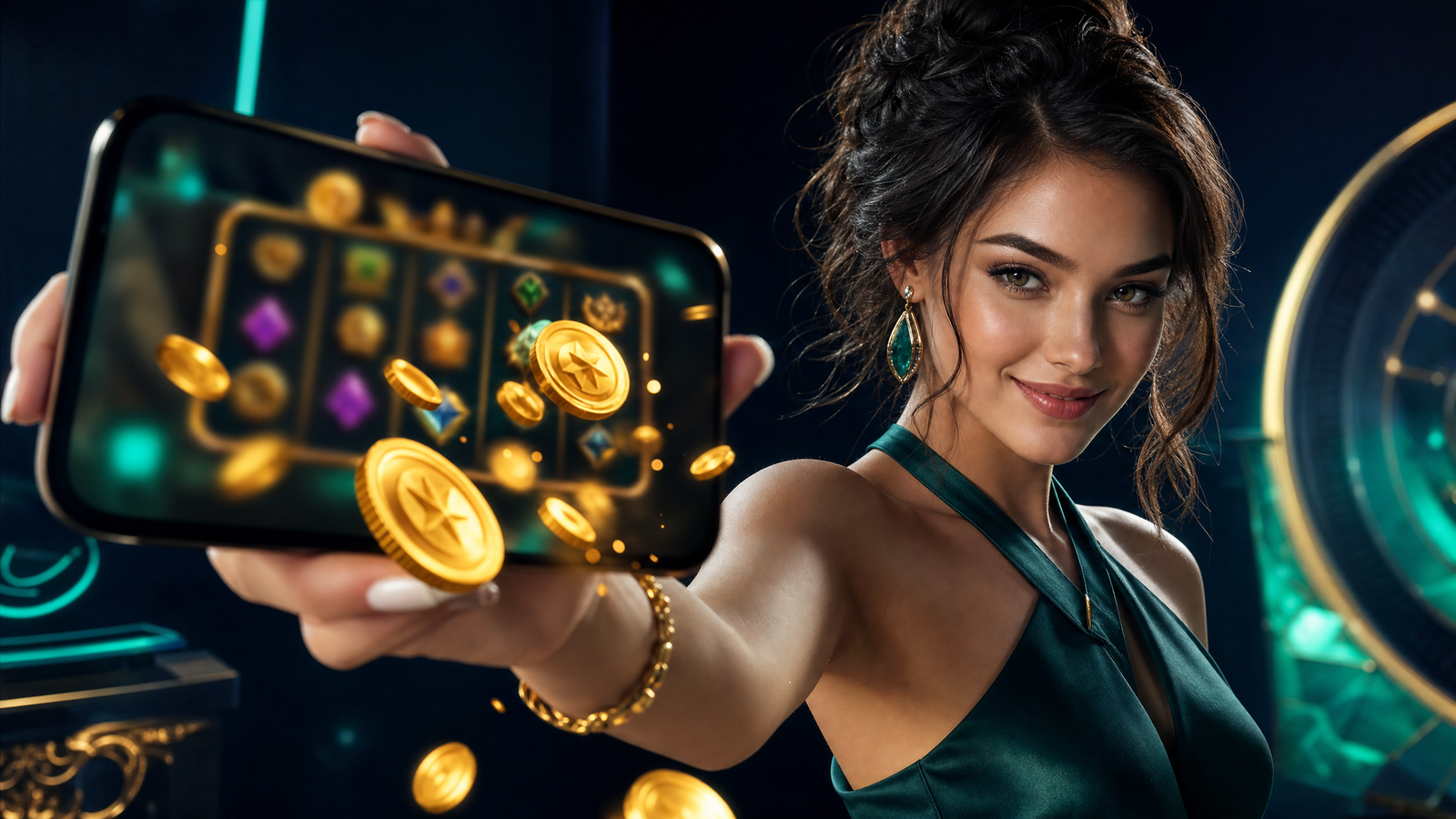 3D stylized woman holding a smartphone with coins bursting from the screen showing a casino game