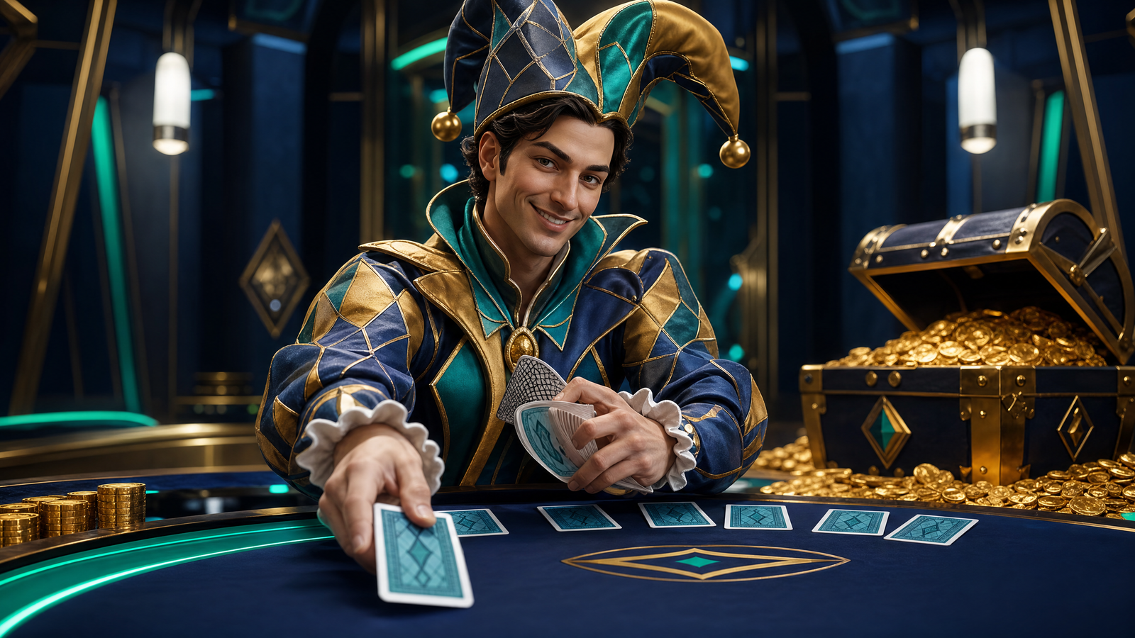Stylized 3D jester mascot dealing cards at a premium casino backdrop with gold coins