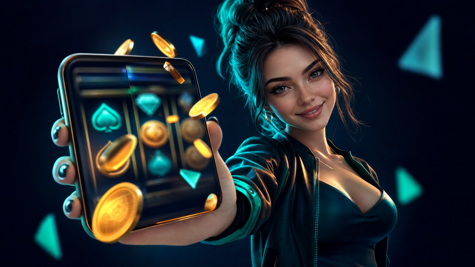 Stylized 3D character holding a smartphone with a mobile casino game and coins