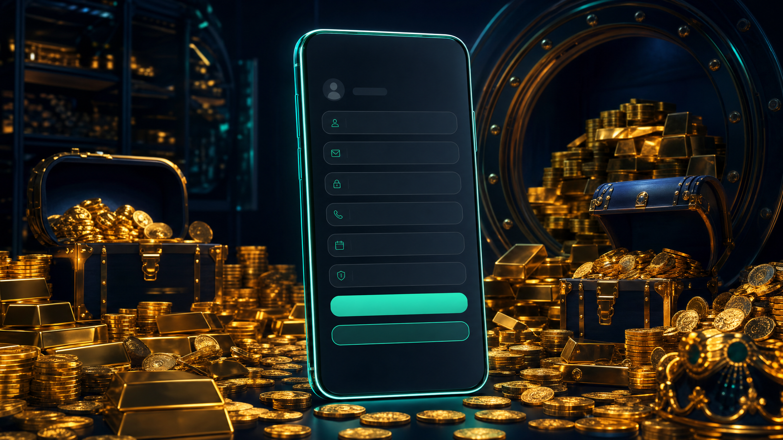 Stylized 3D smartphone showing a registration form surrounded by gold coins and treasure